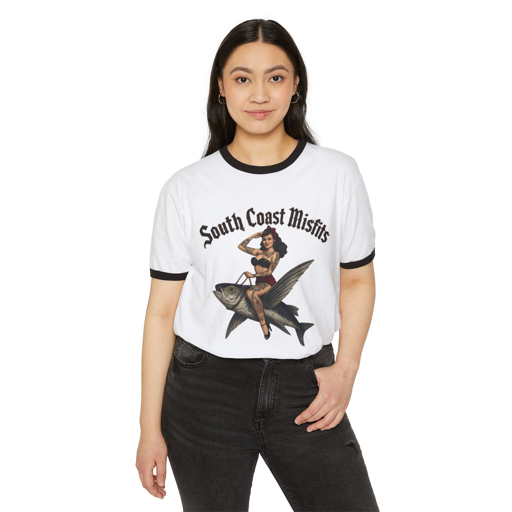South Coast Misfits Ringer Tee — Retro Pinup Fishing Graphic T‑Shirt