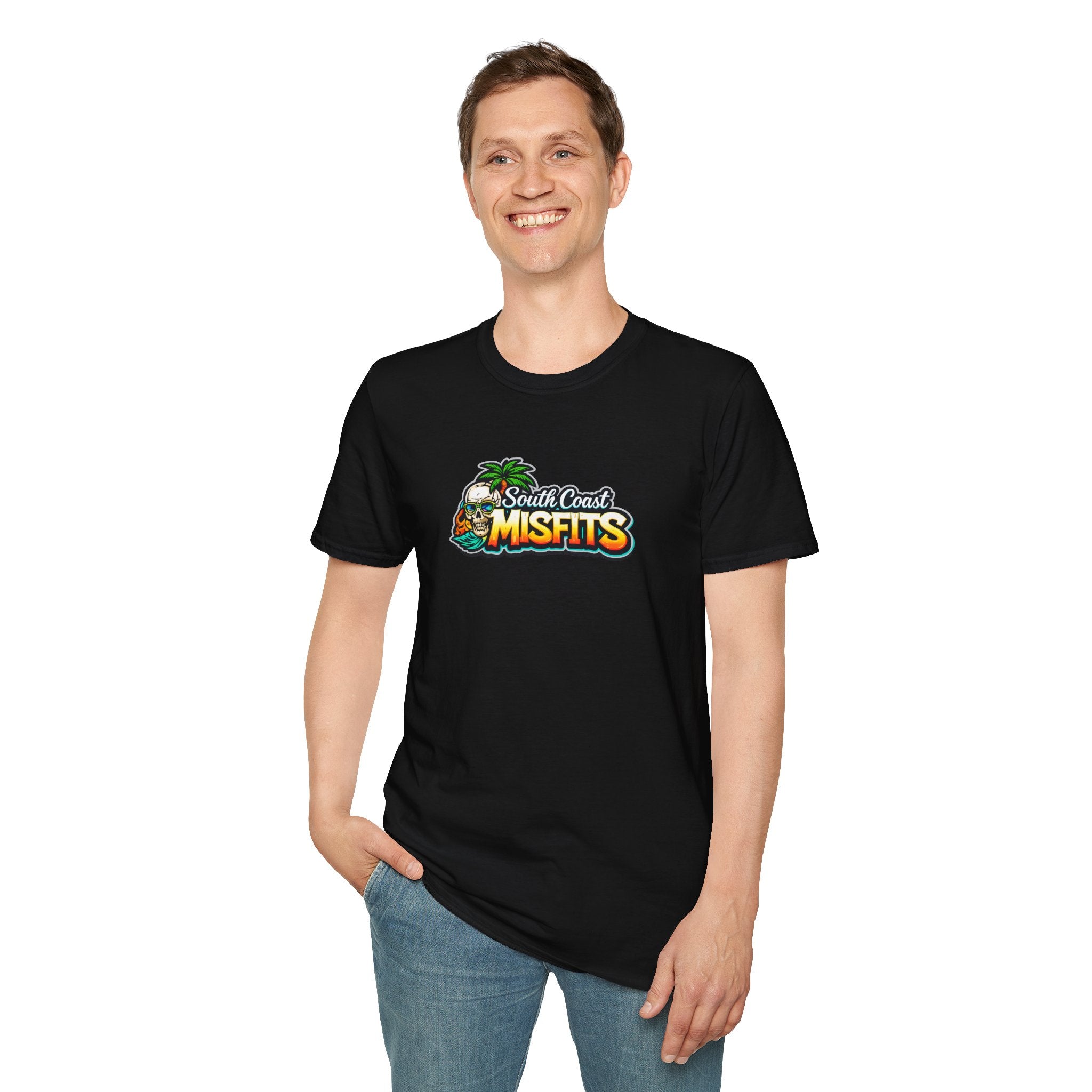 South Coast Misfits T‑Shirt – Retro Surf Skull Beach Logo
