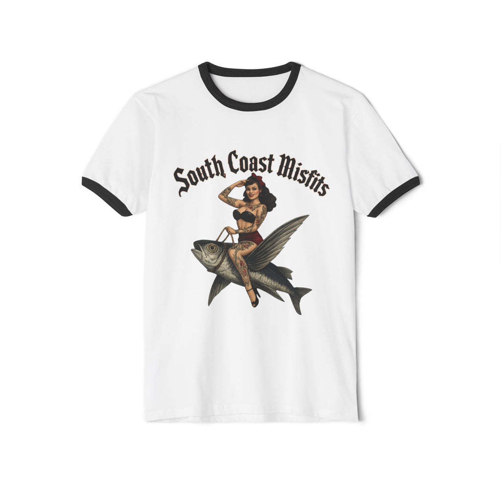 South Coast Misfits Ringer Tee — Retro Pinup Fishing Graphic T‑Shirt