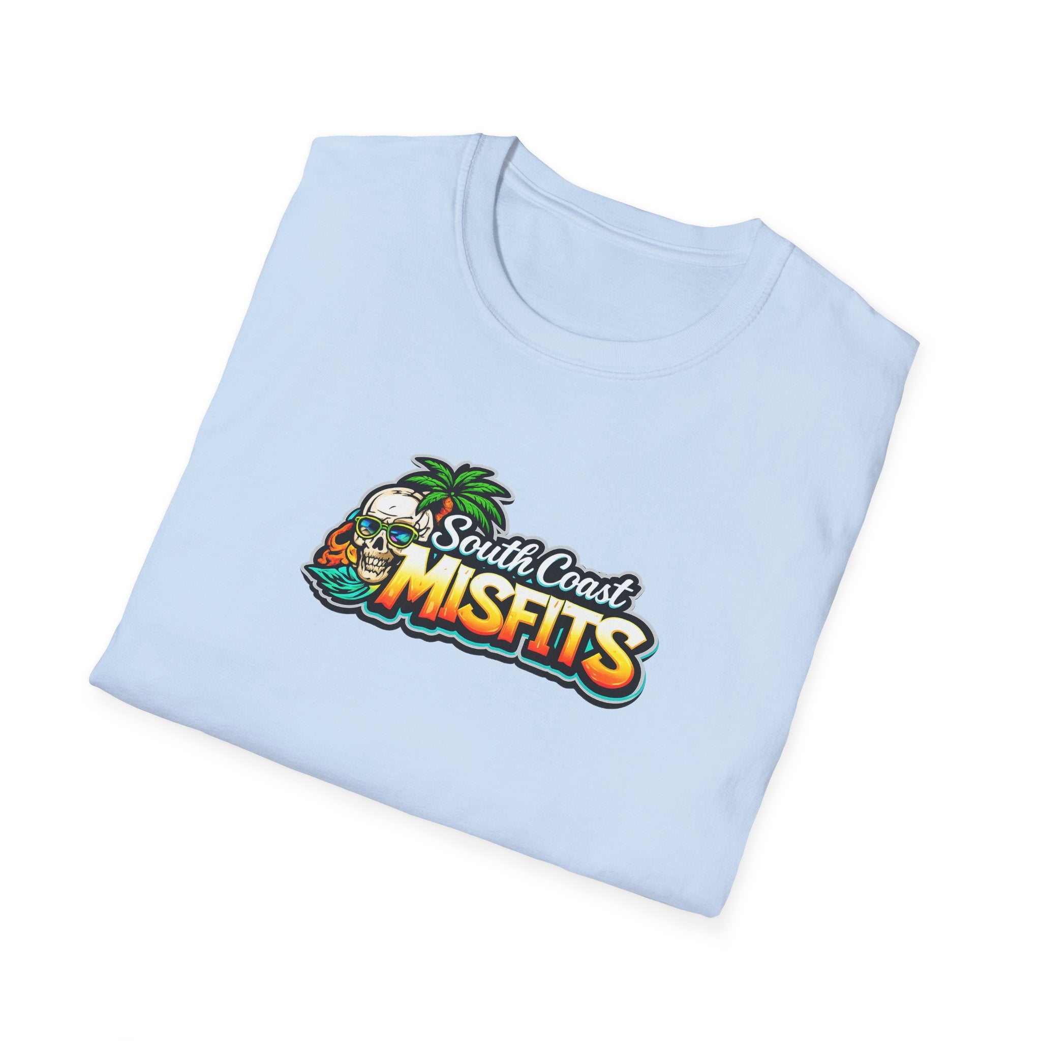South Coast Misfits T‑Shirt – Retro Surf Skull Beach Logo
