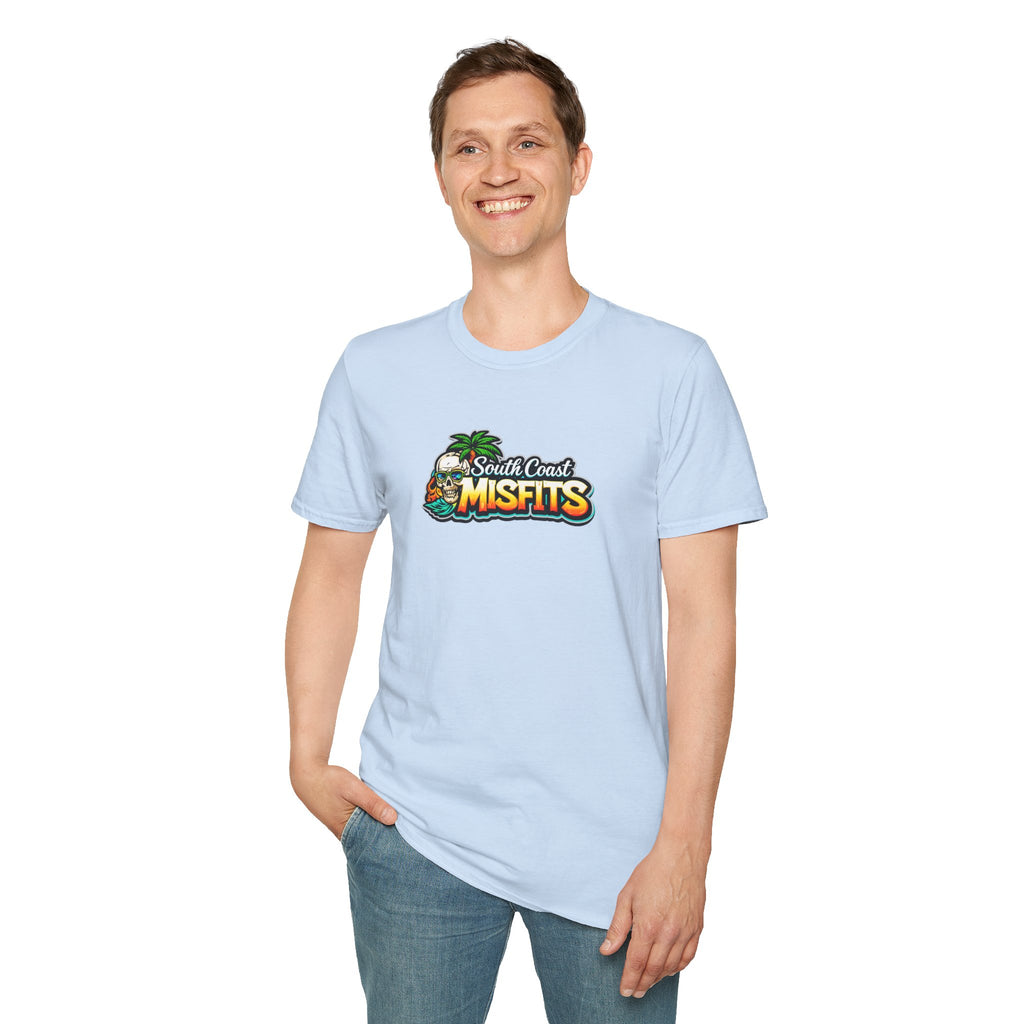 South Coast Misfits T‑Shirt – Retro Surf Skull Beach Logo