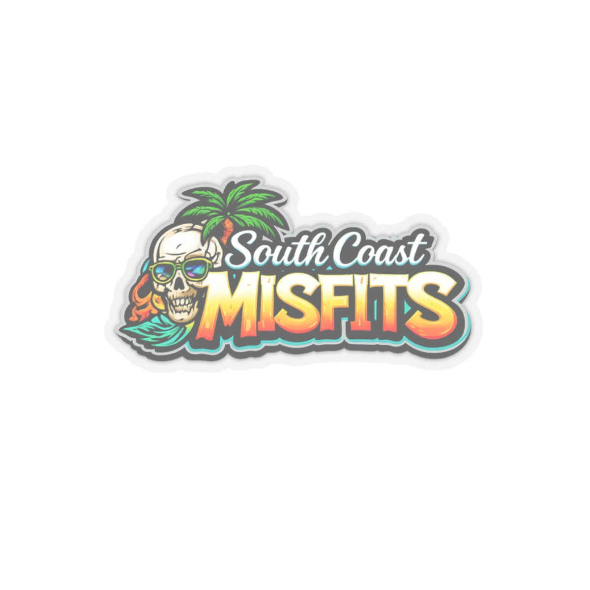 South Coast Misfits Sticker — Retro Skull Palm Beach Kiss-Cut Sticker