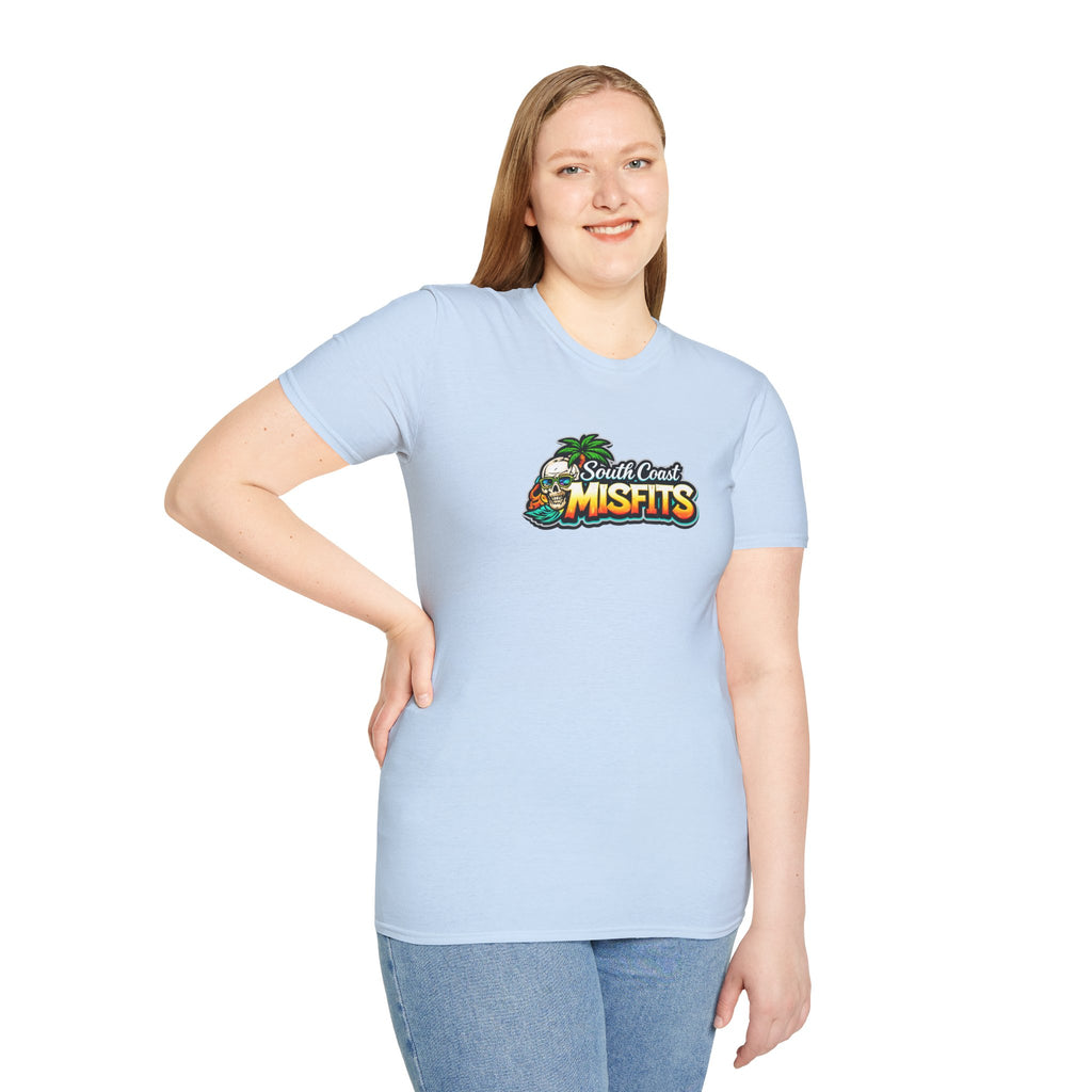 South Coast Misfits T‑Shirt – Retro Surf Skull Beach Logo