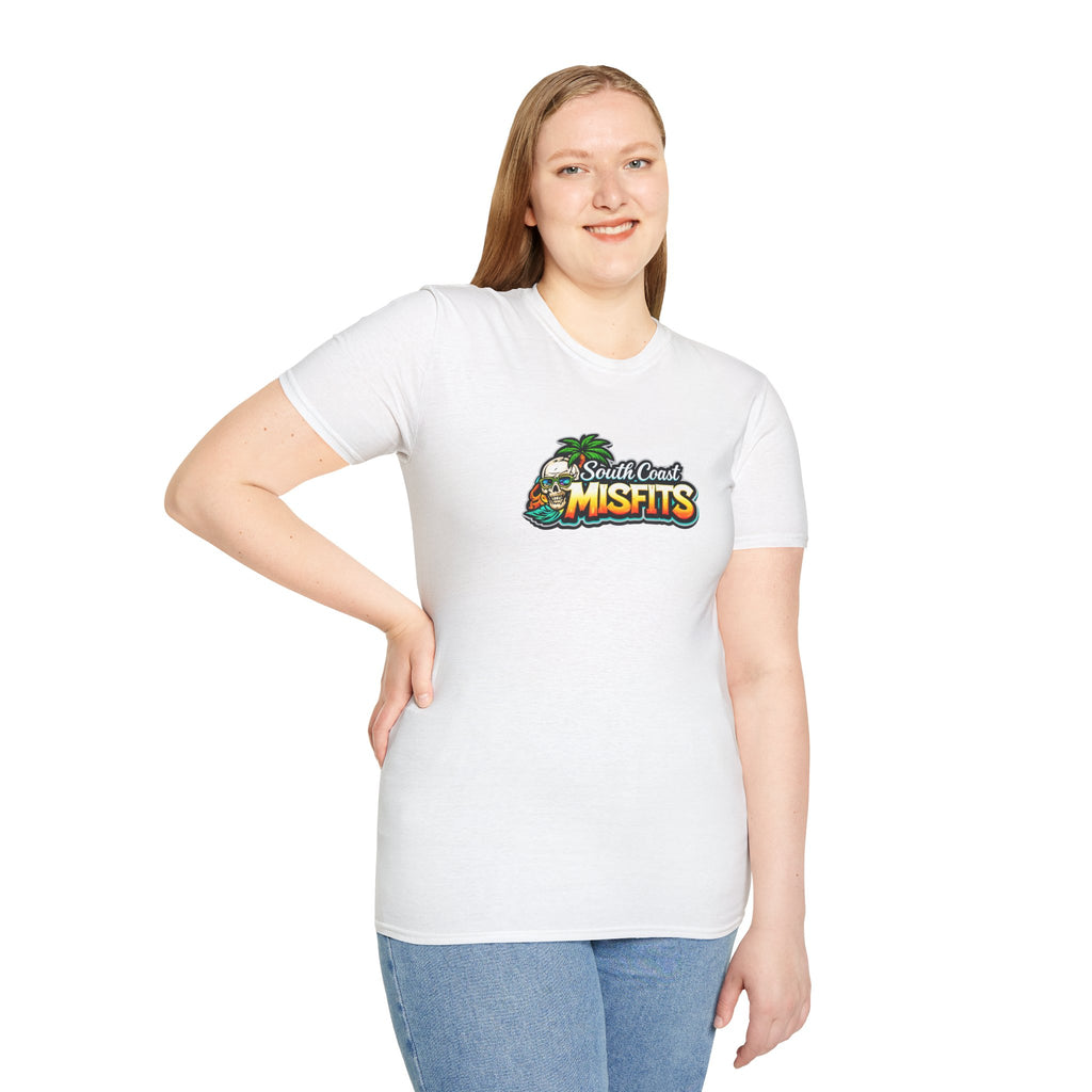 South Coast Misfits T‑Shirt – Retro Surf Skull Beach Logo