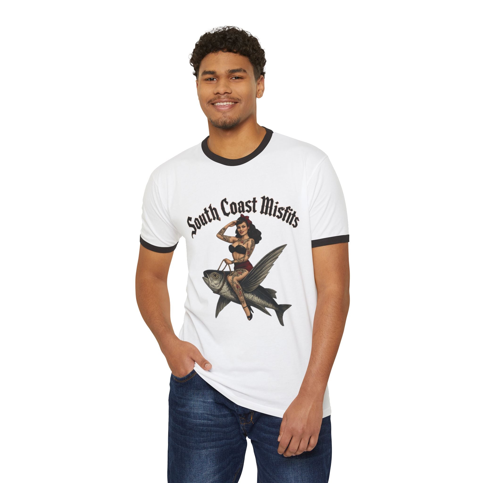 South Coast Misfits Ringer Tee — Retro Pinup Fishing Graphic T‑Shirt