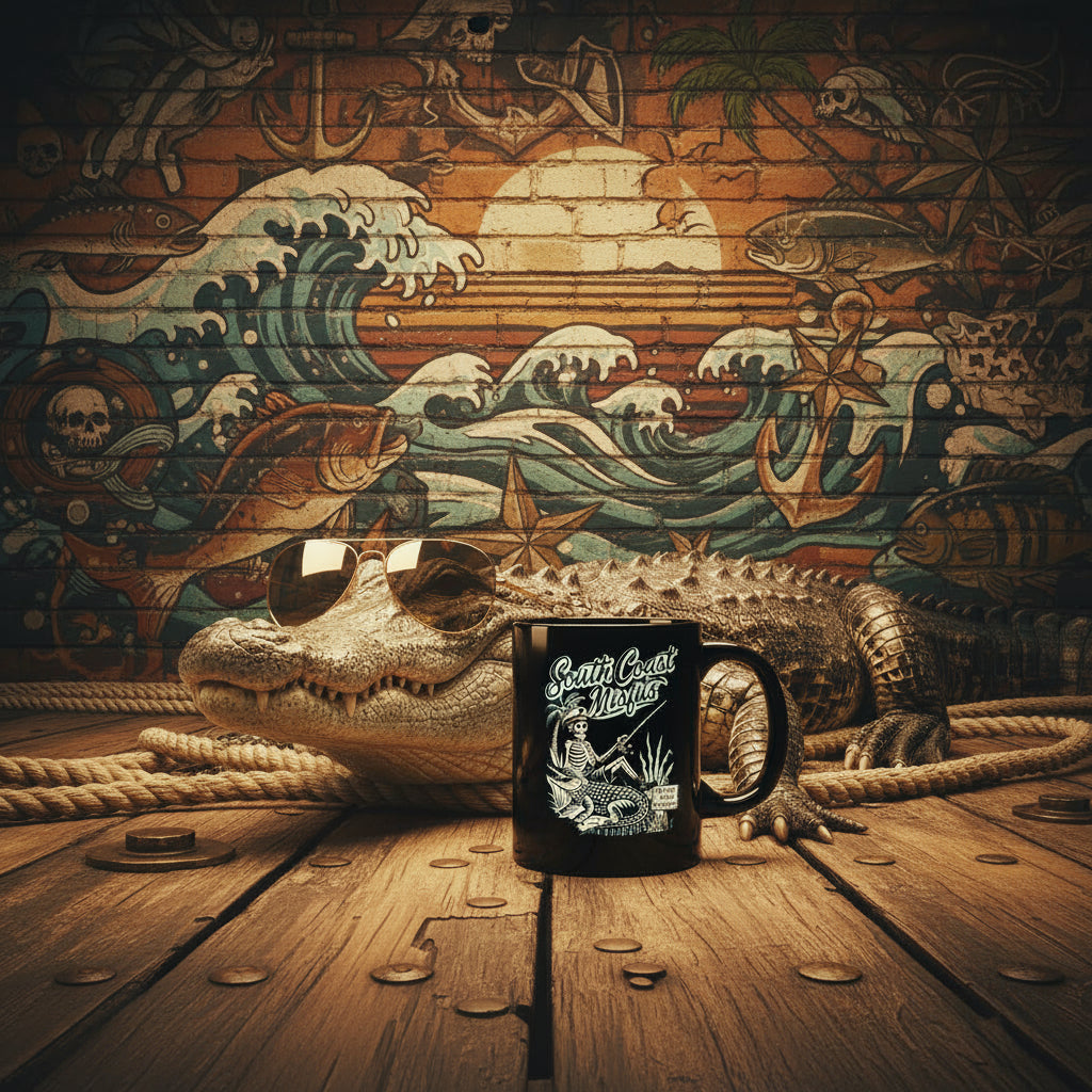 11oz Black Coffee Mug — Minimal Gothic Skull Design