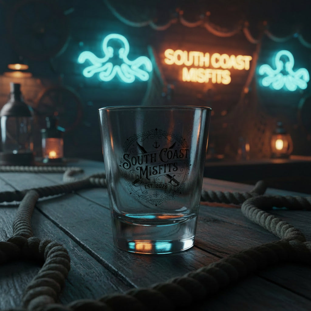 South Coast Misfits 1.5oz Shot Glass — Vintage Nautical Logo Barware