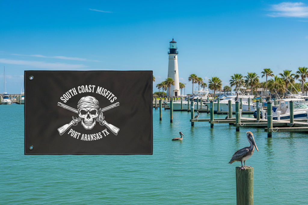 Double-Sided Flag — "South Coast Misfits" Skull & Crossed Rifles Port Aransas TX