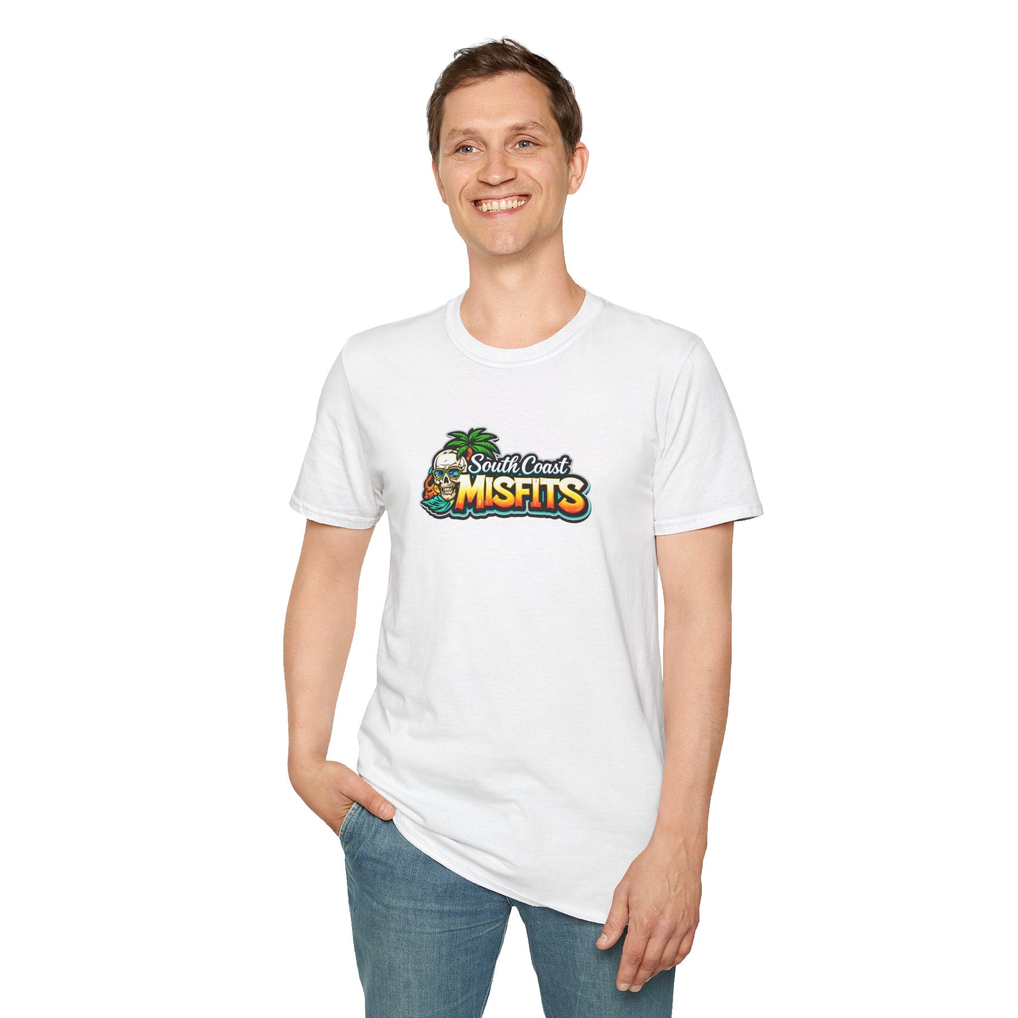 South Coast Misfits T‑Shirt – Retro Surf Skull Beach Logo
