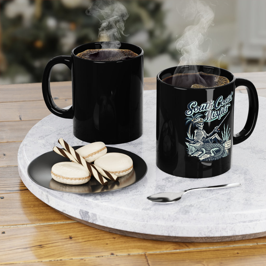 11oz Black Coffee Mug — Minimal Gothic Skull Design