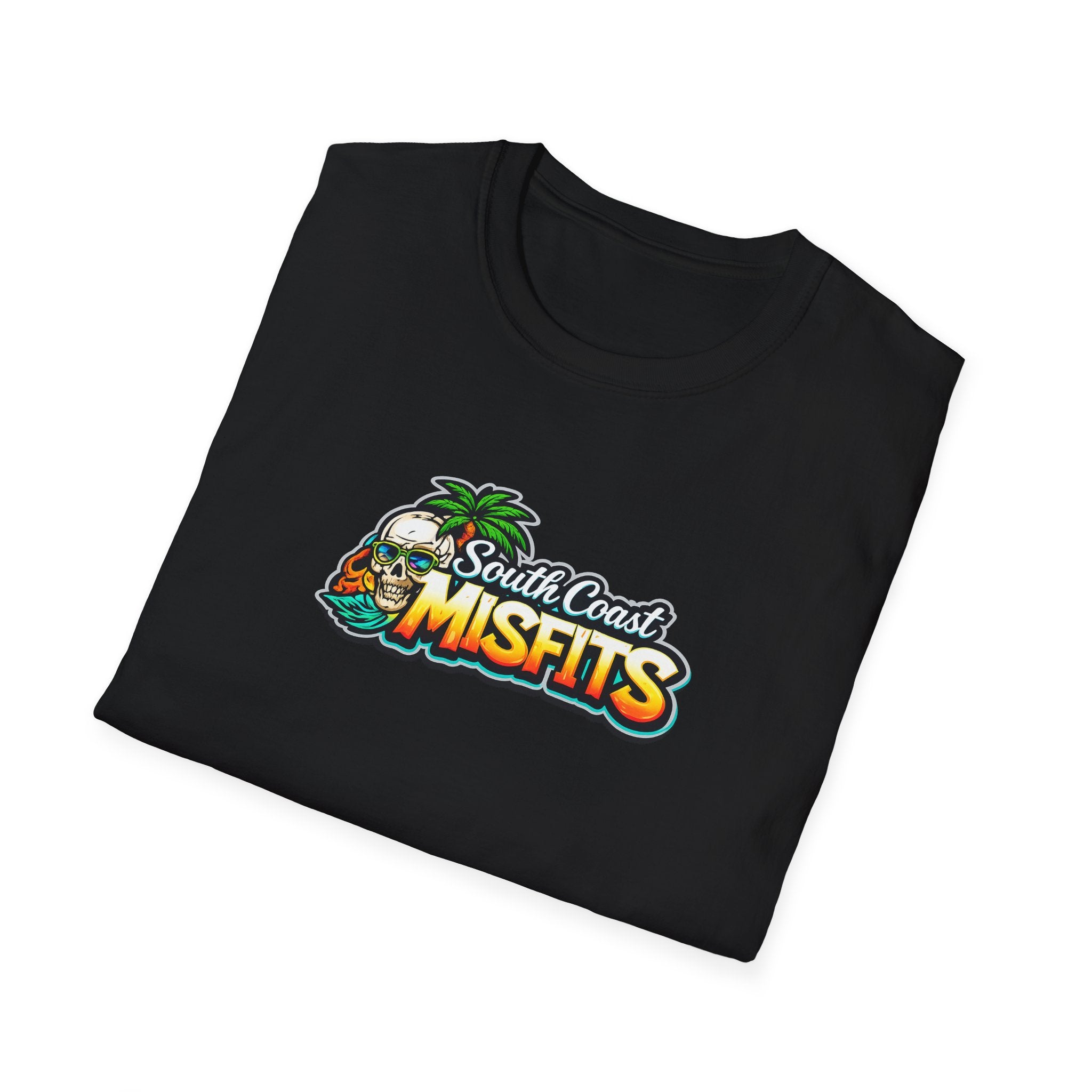 South Coast Misfits T‑Shirt – Retro Surf Skull Beach Logo